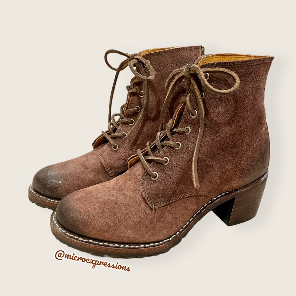 $428 Frye Sabrina 6G Lace Up Dark Brown Real Leather Suede Moto Combat AnkleBoot